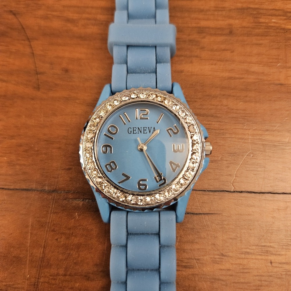 Women's Geneva Round Blue Dial Silver Tone Rhinestones Poly Jelly Band Watch